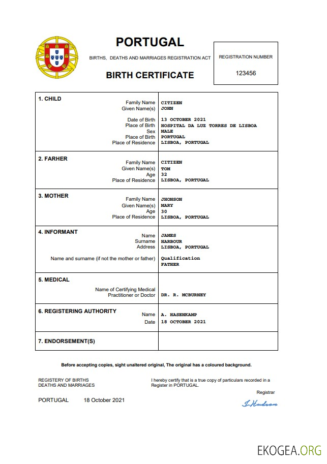 Modèle Word et PDF d'acte de naissance au Portugal